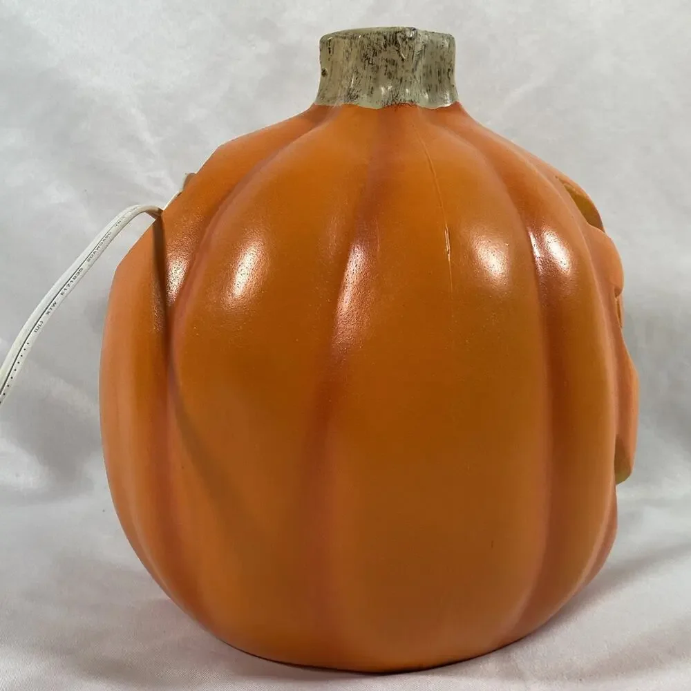 Vintage 9” Blow Mold Pumpkin Lighted Halloween Jack O Lantern Green Light
